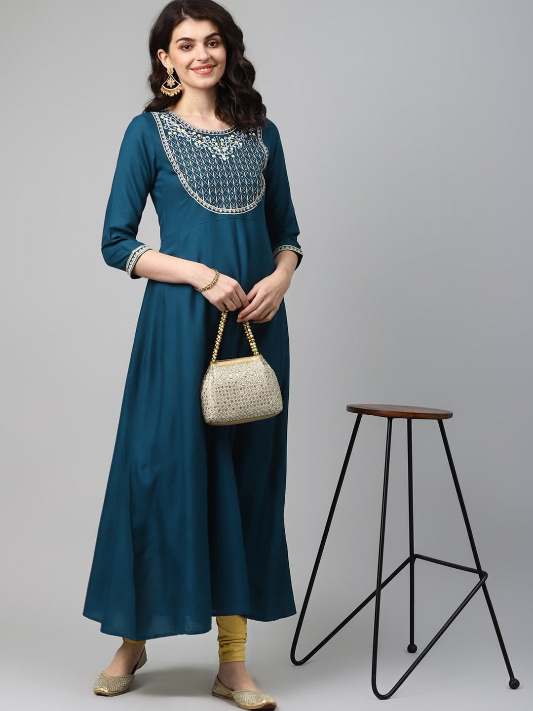 Navy Blue Embroidered Kurta-Yufta Store-5142KURNBS