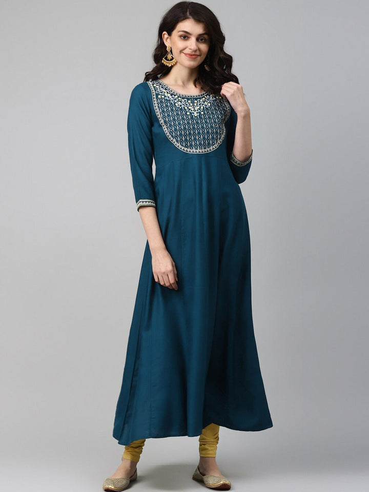 Navy Blue Embroidered Kurta-Yufta Store-5142KURNBS