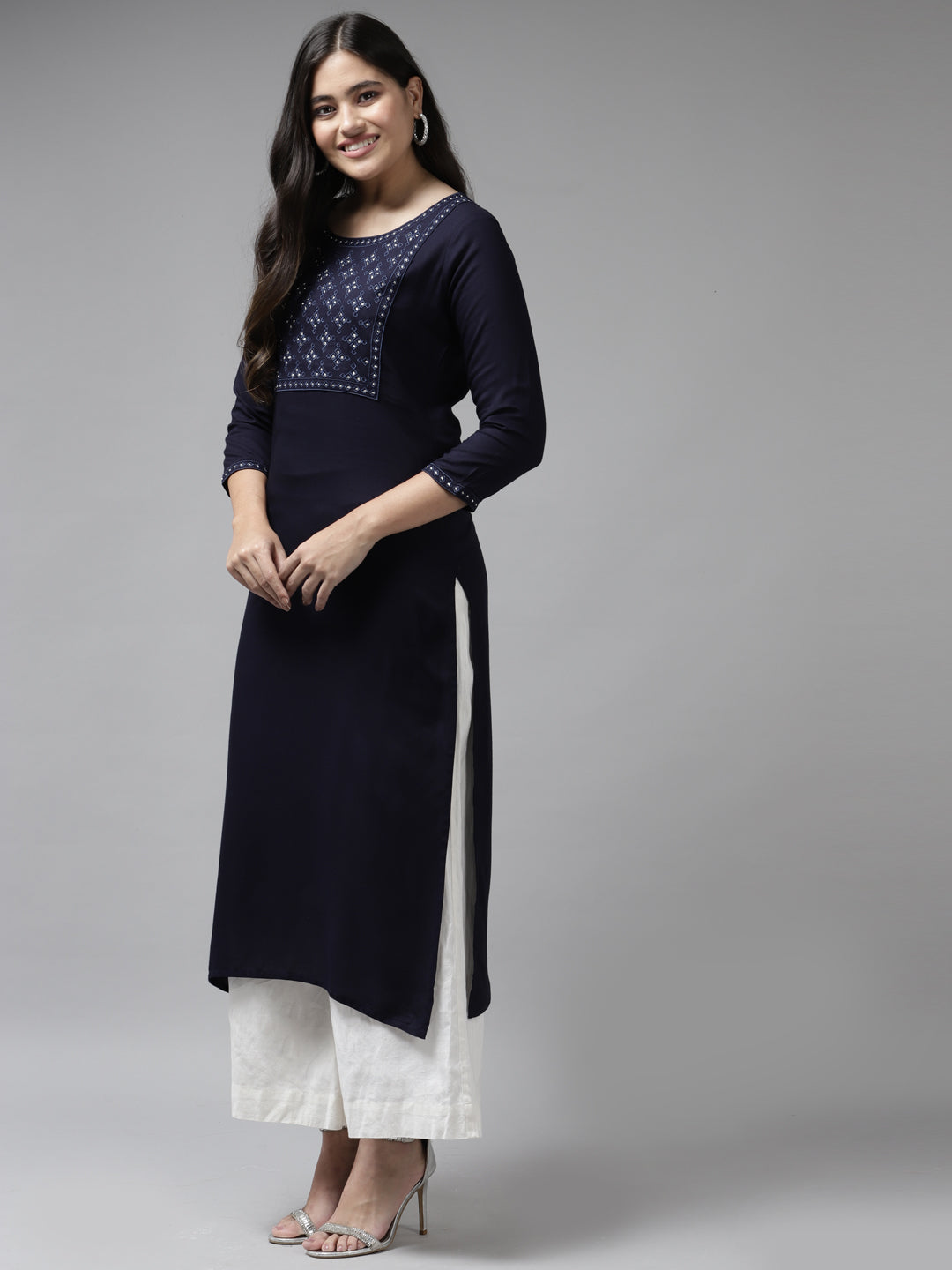 Navy Blue Embroidered Kurta-Yufta Store-6213KURBLS