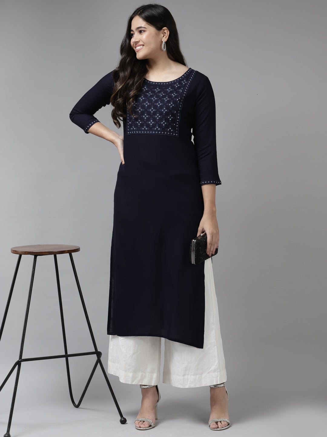 Navy Blue Embroidered Kurta-Yufta Store-6213KURBLS