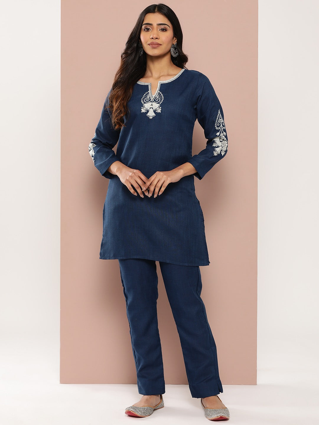 Navy Blue Embroidered Pure Cotton Kurti With Trousers Co-Ord Set-Yufta Store-1770CRDBLS