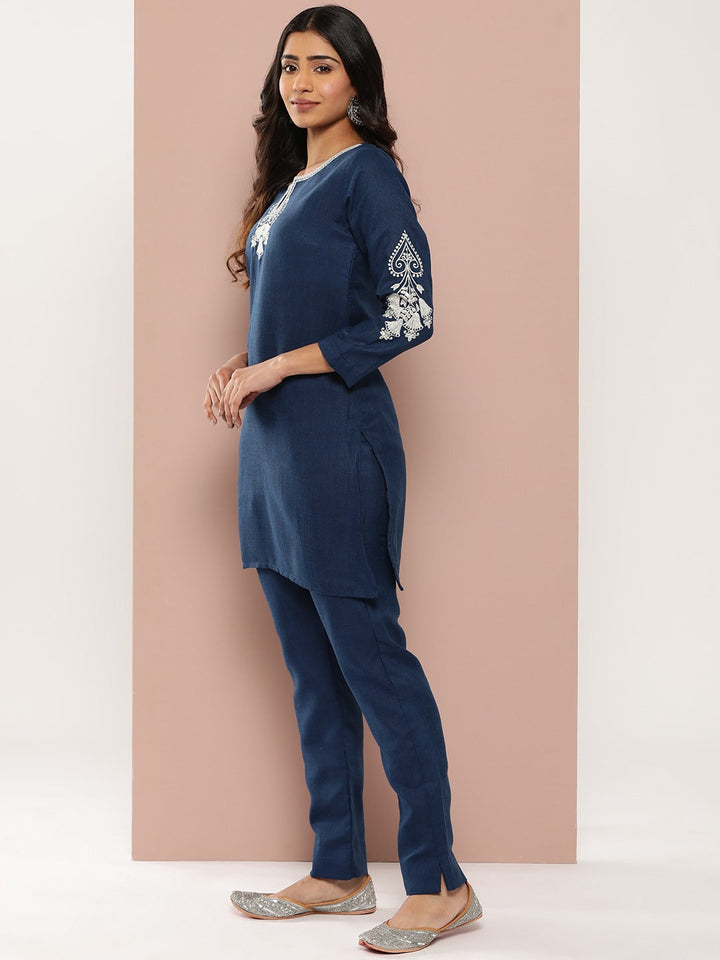 Navy Blue Embroidered Pure Cotton Kurti and Trousers Co-Ord Set-Yufta Store-1770CRDBLS