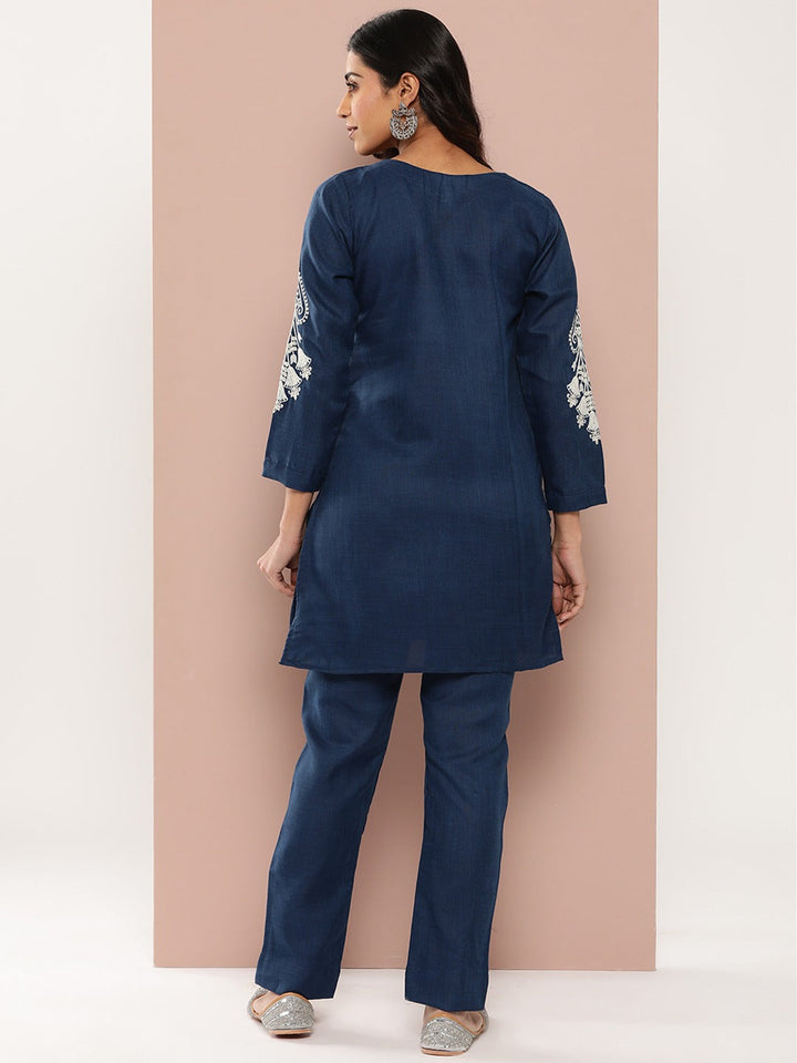 Navy Blue Embroidered Pure Cotton Kurti With Trousers Co-Ord Set-Yufta Store-1770CRDBLS
