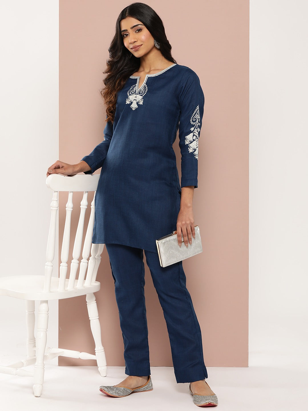 Navy Blue Embroidered Pure Cotton Kurti and Trousers Co-Ord Set-Yufta Store-1770CRDBLS