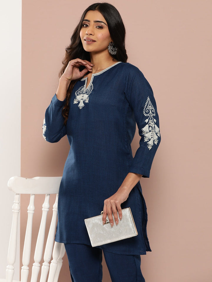 Navy Blue Embroidered Pure Cotton Kurti and Trousers Co-Ord Set-Yufta Store-1770CRDBLS