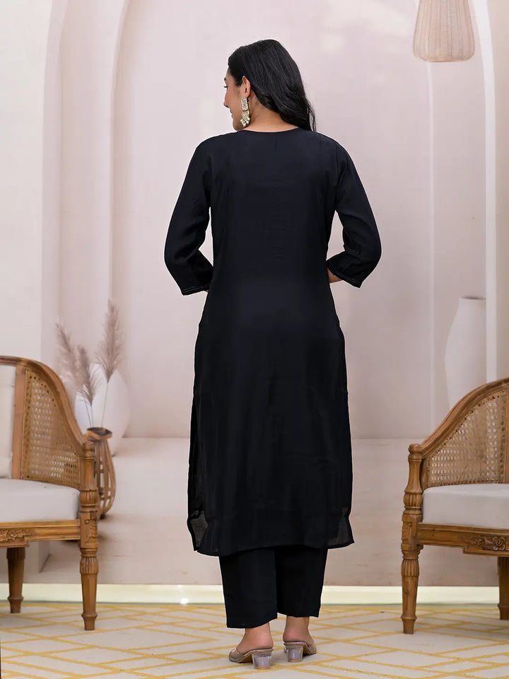 Black Embroidered Silk Blend Straight Kurta Dupatta Set-Yufta Store-7124SKDBKS