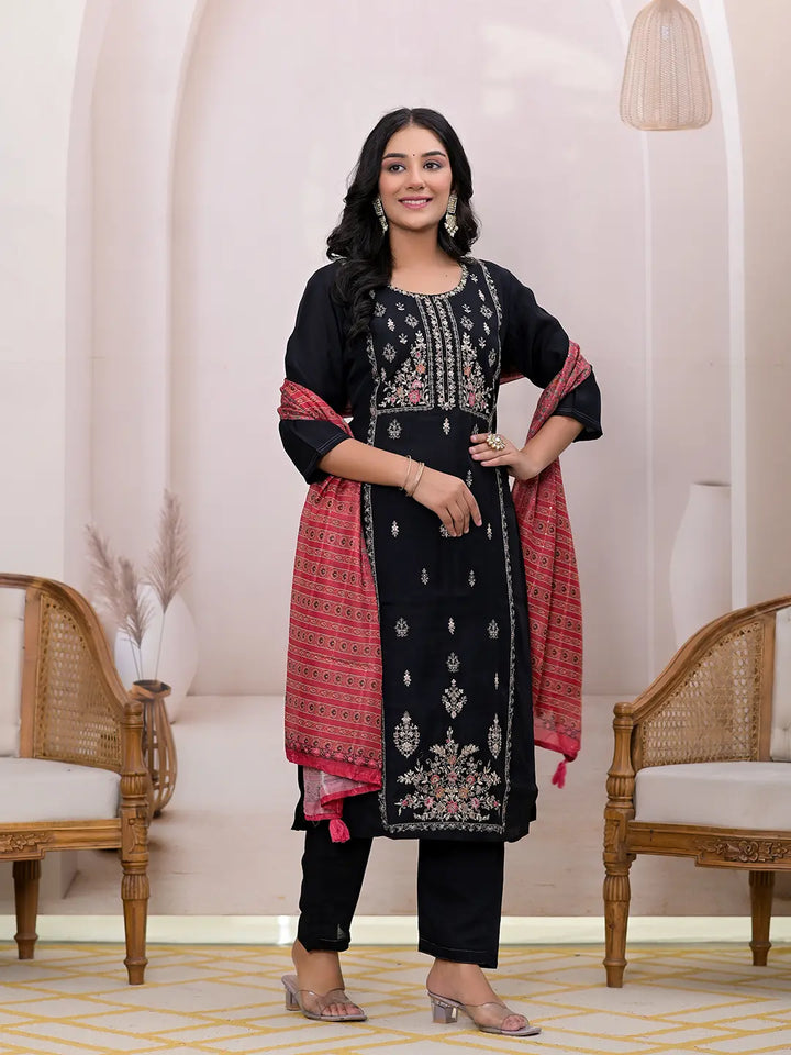 Black Embroidered Silk Blend Straight Kurta Dupatta Set-Yufta Store-7124SKDBKS