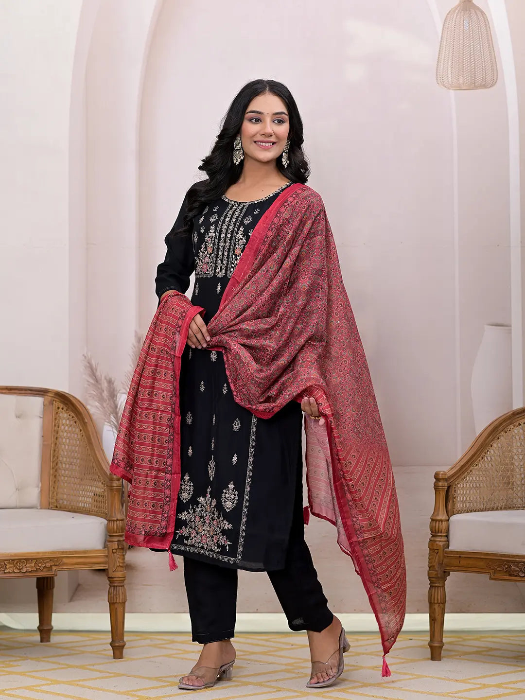 Black Embroidered Silk Blend Straight Kurta Dupatta Set-Yufta Store-7124SKDBKS