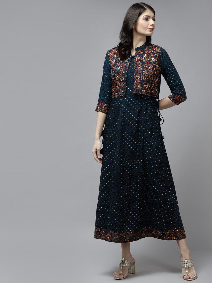 Navy Blue Ethnic A-Line Dress-Yufta Store-5803DRSBLS