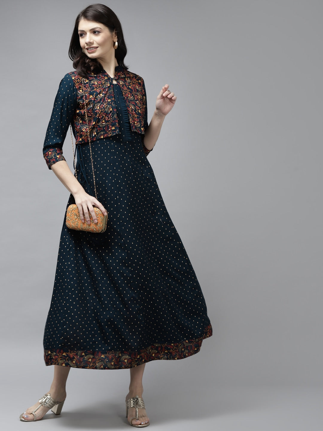 Navy Blue Ethnic A-Line Dress-Yufta Store-5803DRSBLS