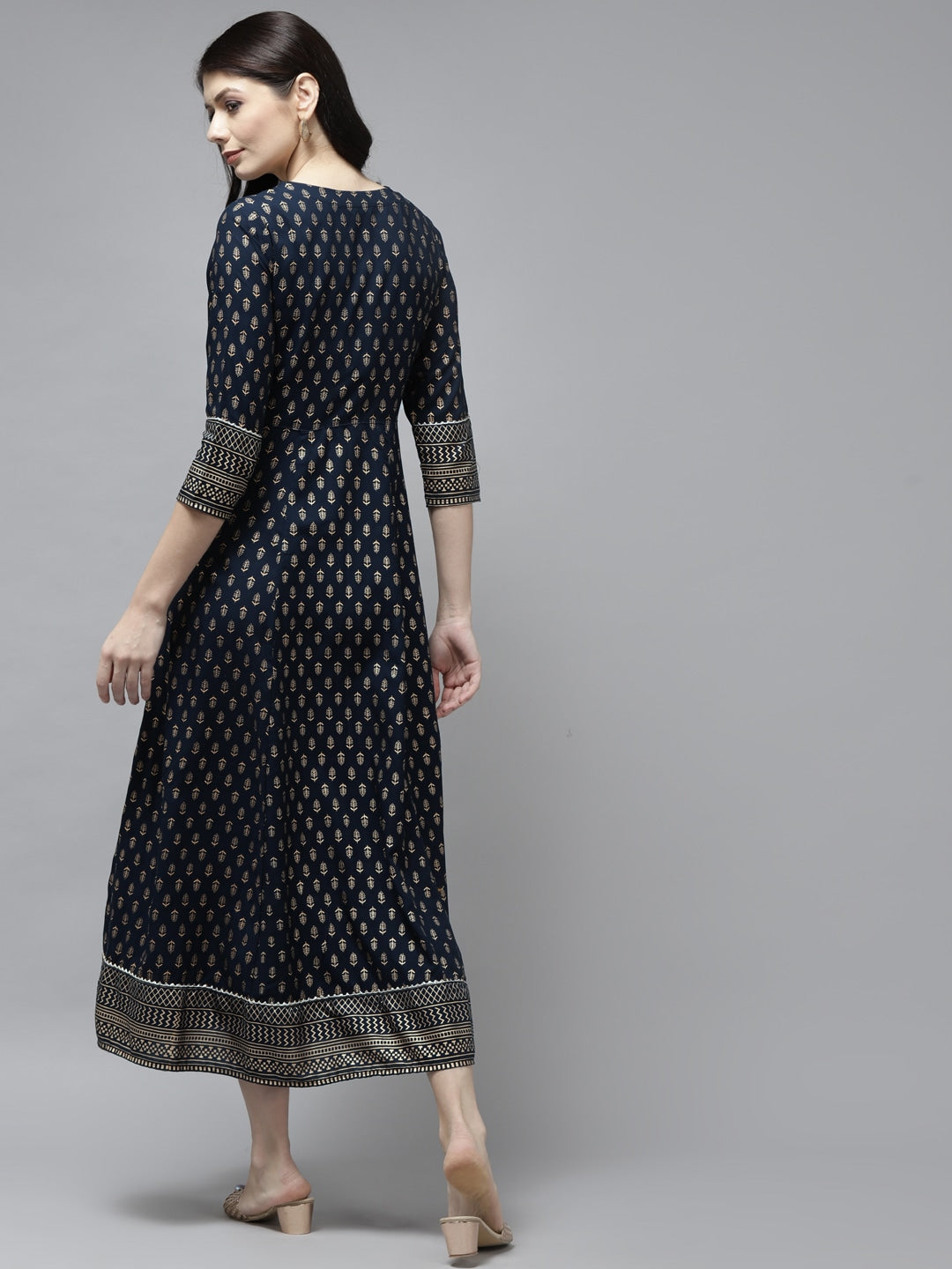 Navy Blue Ethnic A-Line Dress-Yufta Store-5804DRSNBS