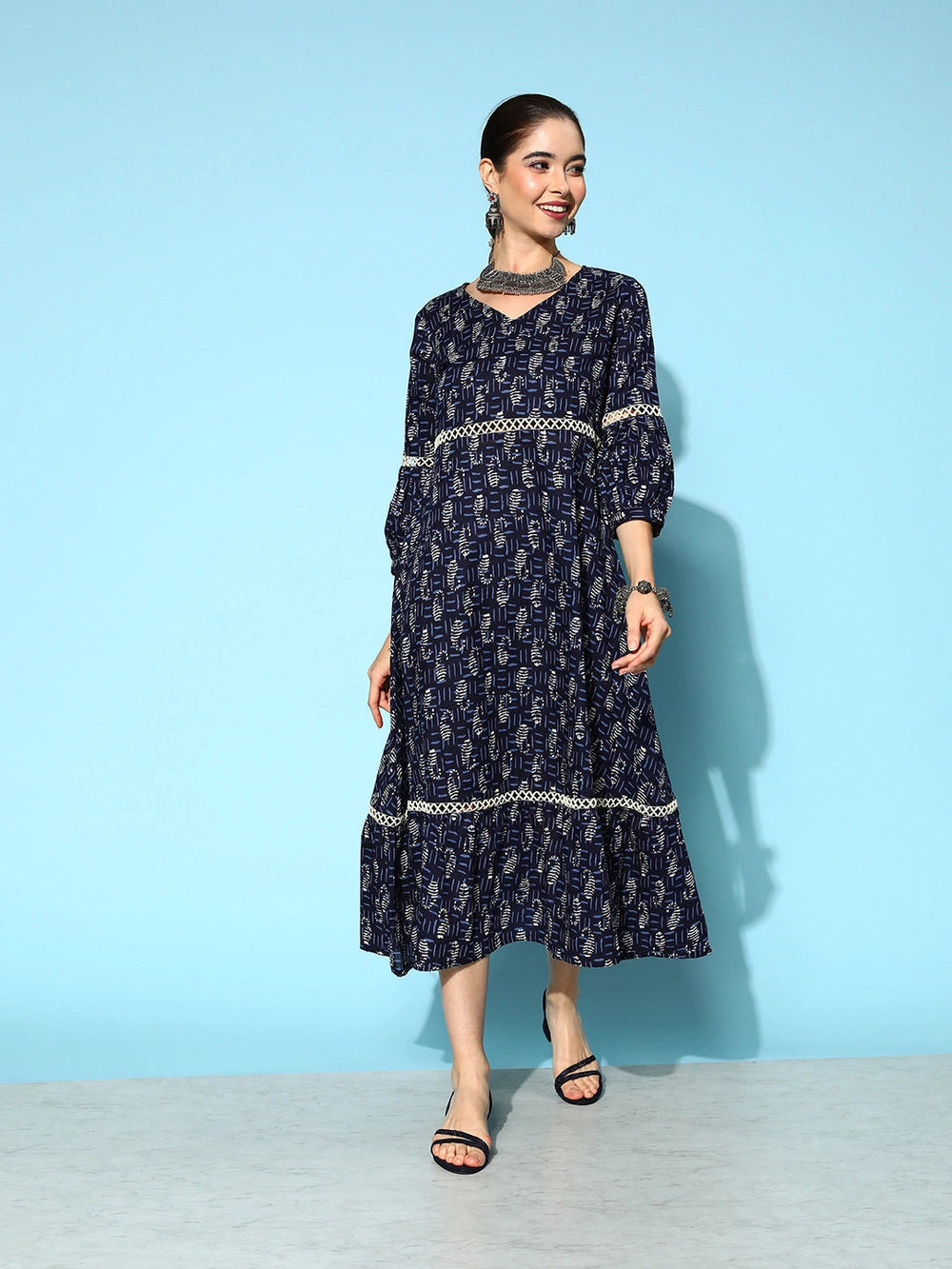 Navy Blue Ethnic Ethnic Dress-Yufta Store-1159DRSBLS