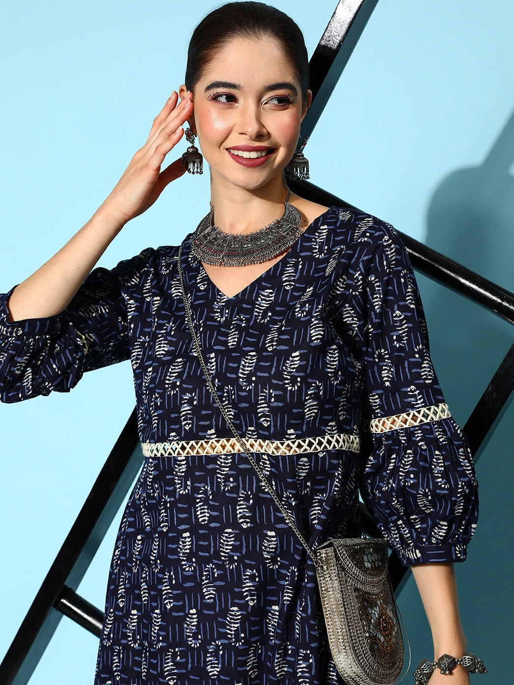 Navy Blue Ethnic Ethnic Dress-Yufta Store-1159DRSBLS