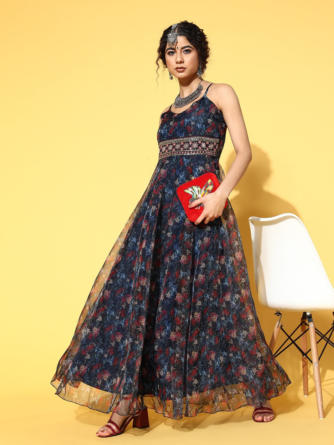 Navy Blue Ethnic Maxi Dress-Yufta Store-9625DRSBLXS