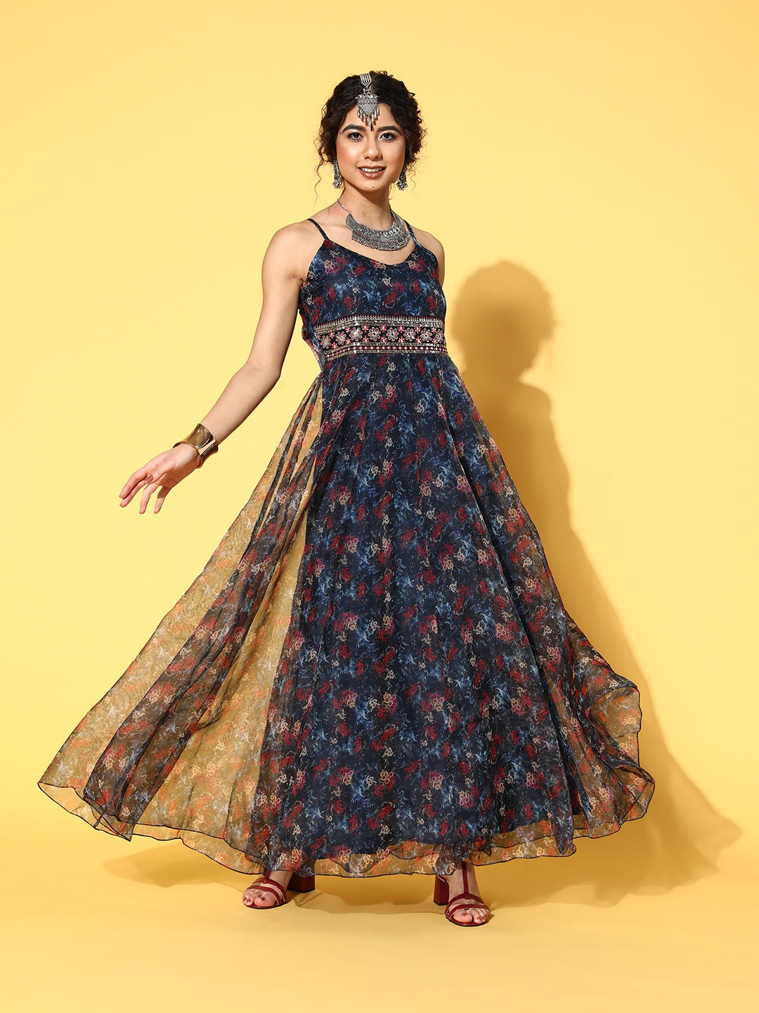 Navy Blue Ethnic Maxi Dress-Yufta Store-9625DRSBLXS