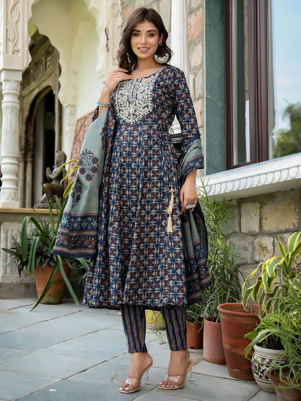 Navy Blue Ethnic Motifs Printed Regular Thread Work Pure Cotton Kurta with Trousers & With