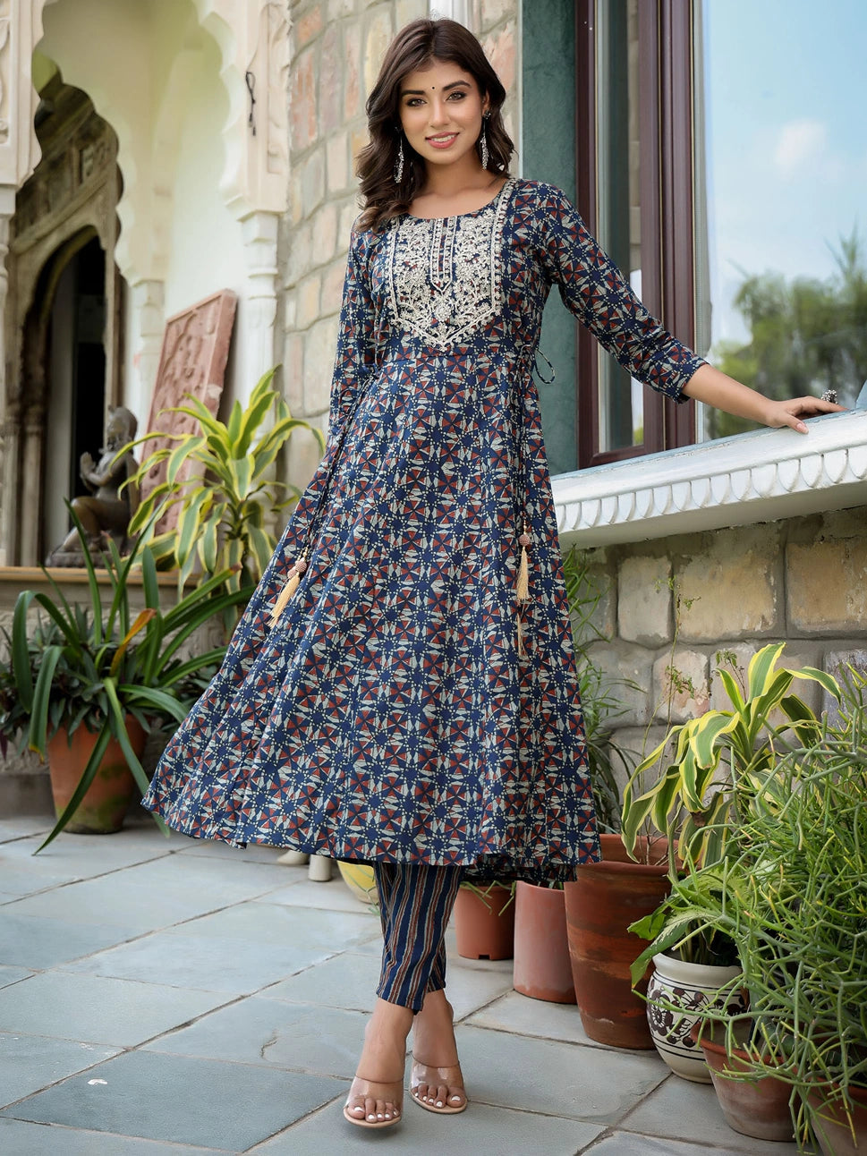 Navy Blue Ethnic Motifs Printed Regular Thread Work Pure Cotton Kurta with Trousers & With-Yufta Store-1577SKDNBS
