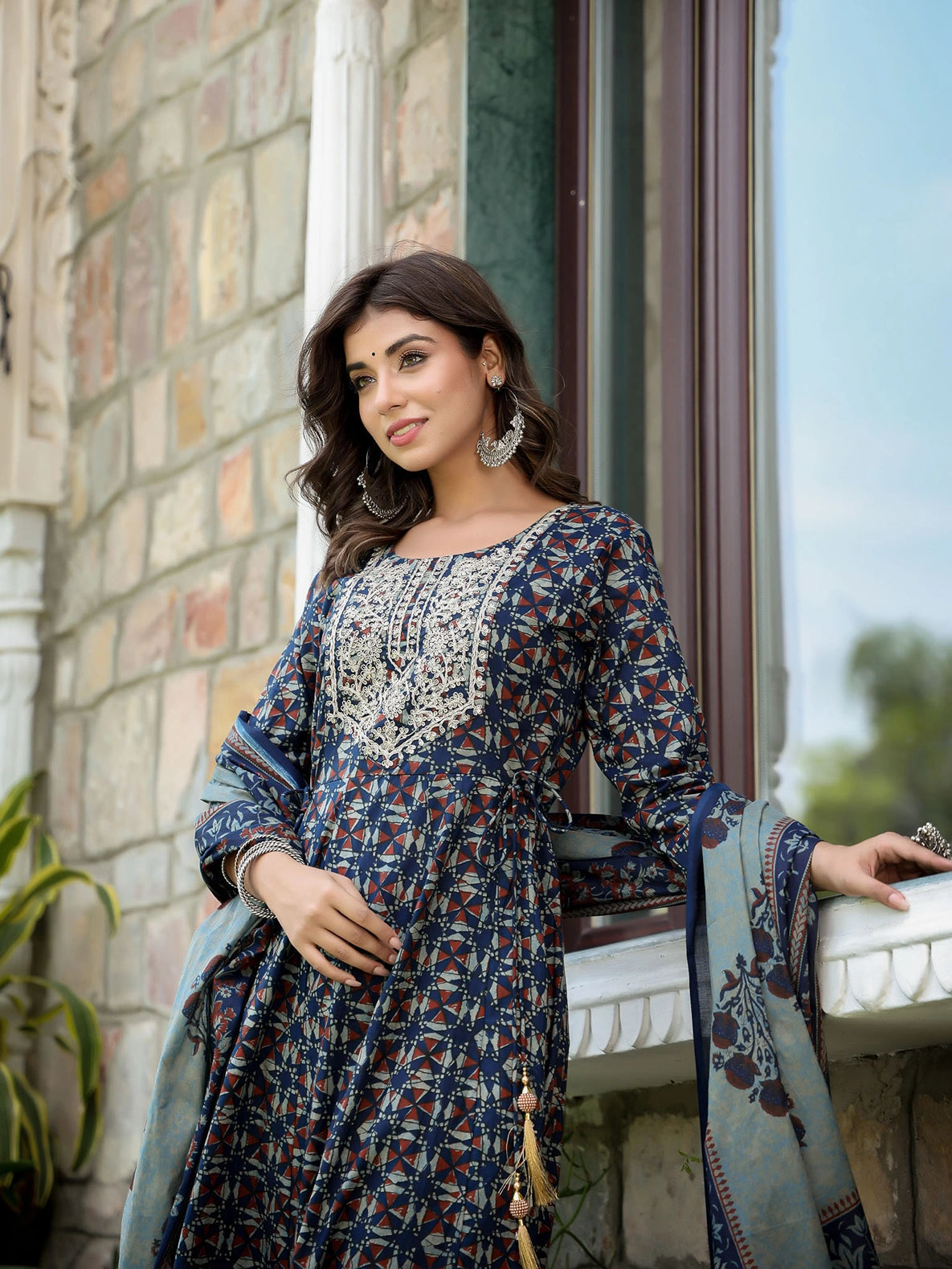 Navy Blue Ethnic Motifs Printed Regular Thread Work Pure Cotton Kurta