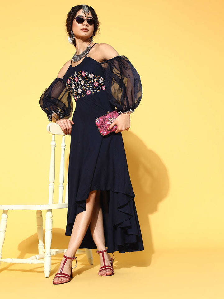 Navy Blue Floral Embroidered Dress-Yufta Store-9632DRSBLXS