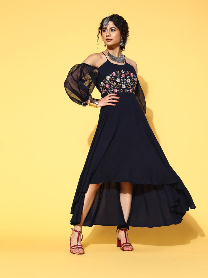 Navy Blue Floral Embroidered Dress-Yufta Store-9632DRSBLXS