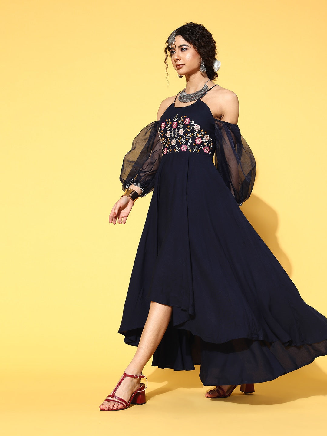 Navy Blue Floral Embroidered Dress-Yufta Store-9632DRSBLXS