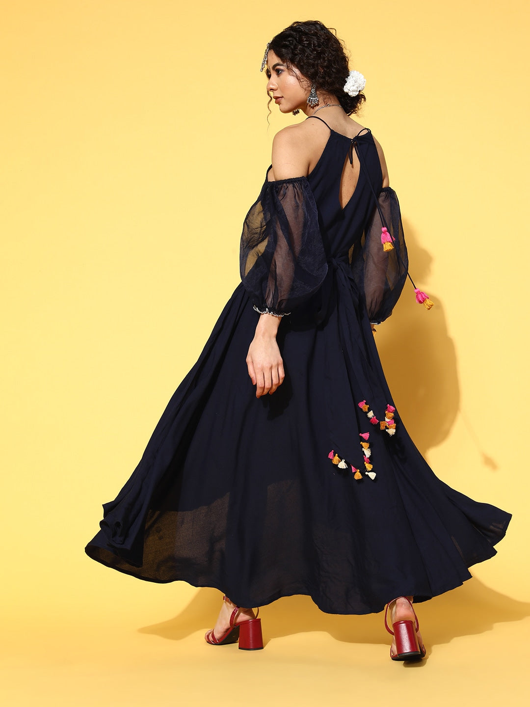 Navy Blue Floral Embroidered Dress-Yufta Store-9632DRSBLXS