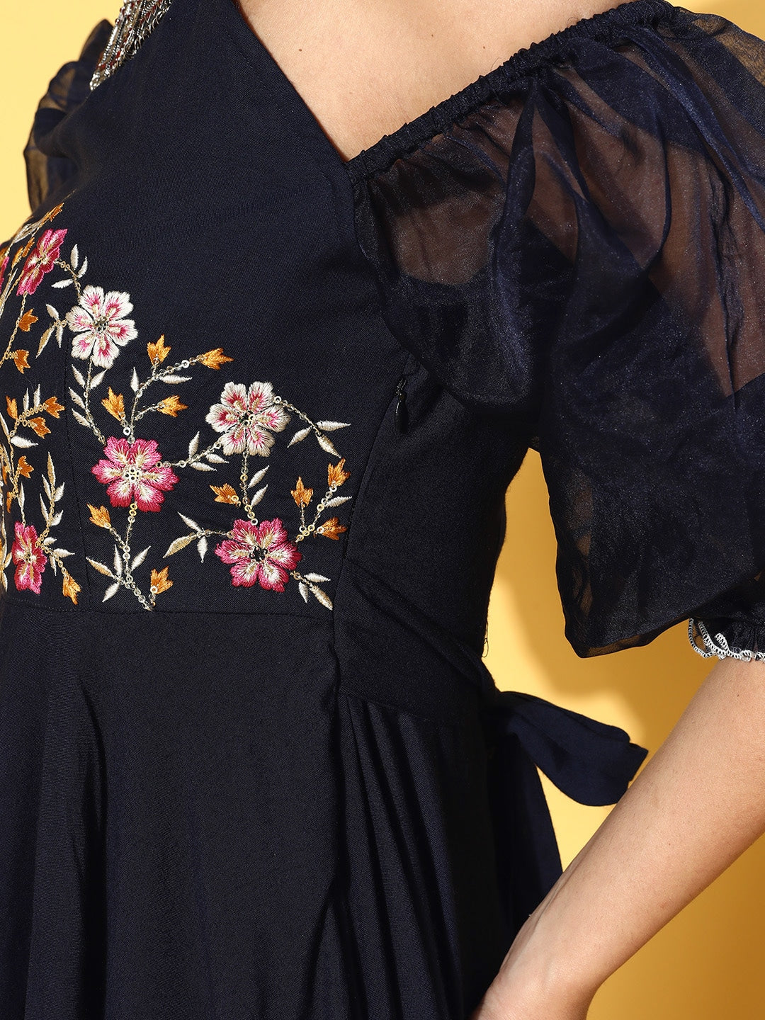 Navy Blue Floral Embroidered Dress-Yufta Store-9632DRSBLXS