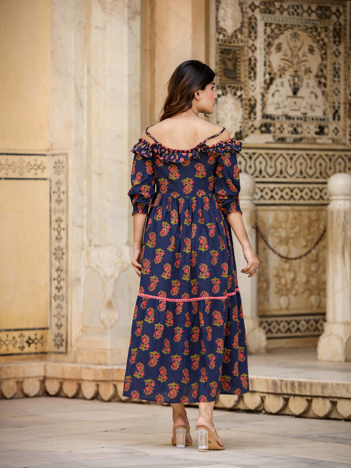 Navy Blue Floral Printed Dress-Yufta Store-9608DRSBLXS