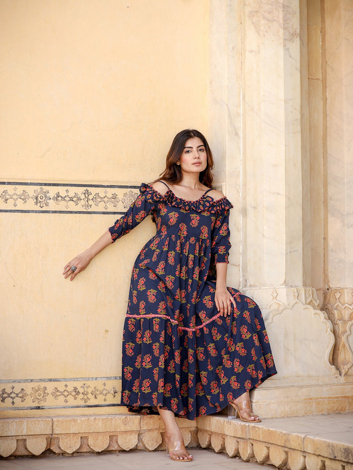 Navy Blue Floral Printed Dress