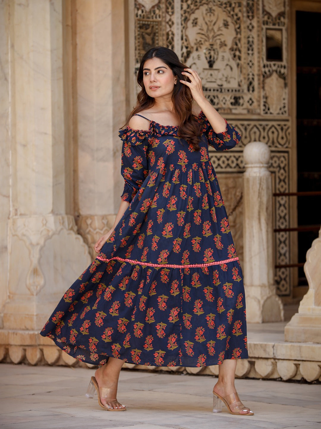 Navy Blue Floral Printed Dress-Yufta Store-9608DRSBLXS