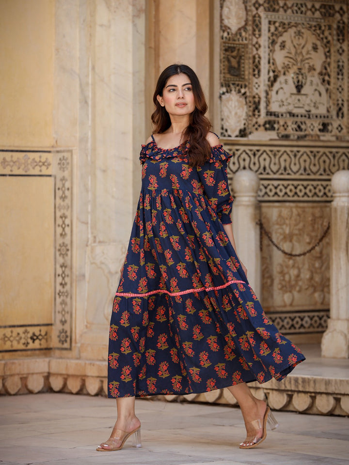 Navy Blue Floral Printed Dress-Yufta Store-9608DRSBLXS