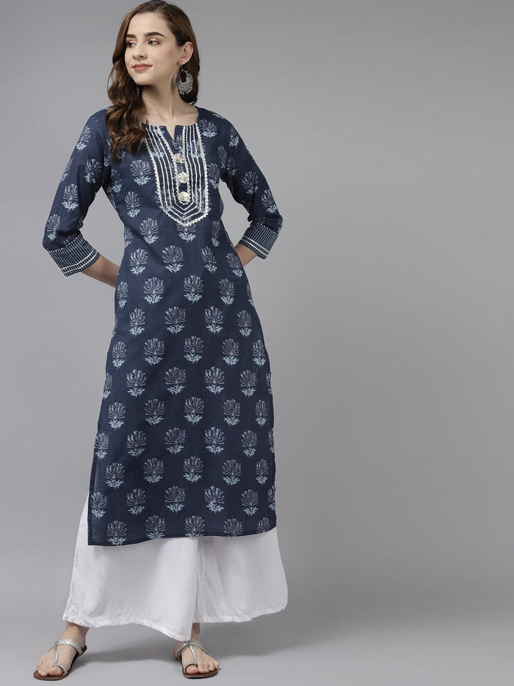 Navy Blue Floral Printed Kurta-Yufta Store-2706KURNBS