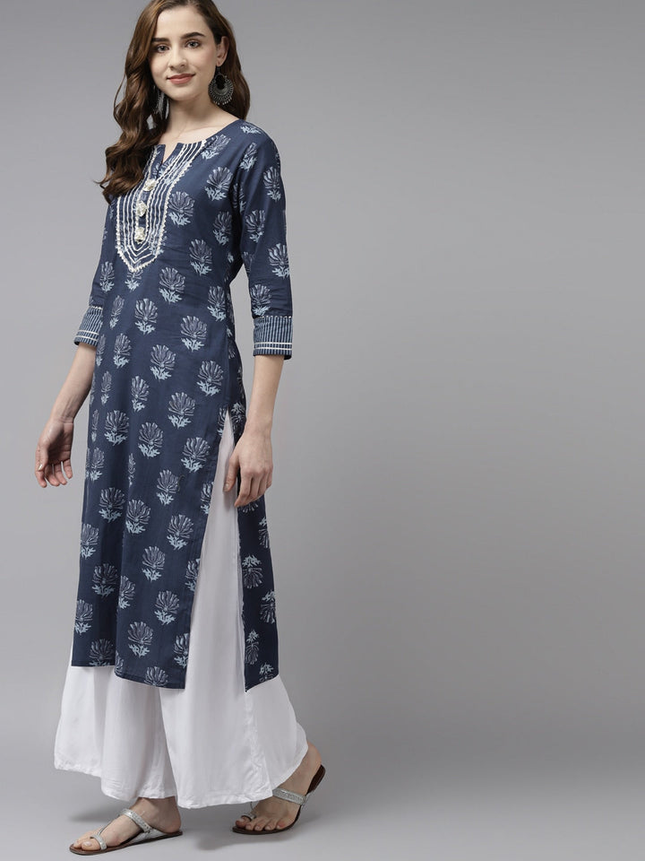 Navy Blue Floral Printed Kurta-Yufta Store-2706KURNBS