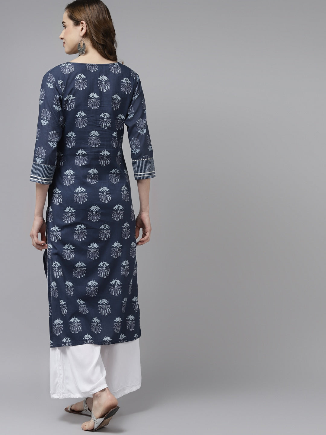 Navy Blue Floral Printed Kurta-Yufta Store-2706KURNBS