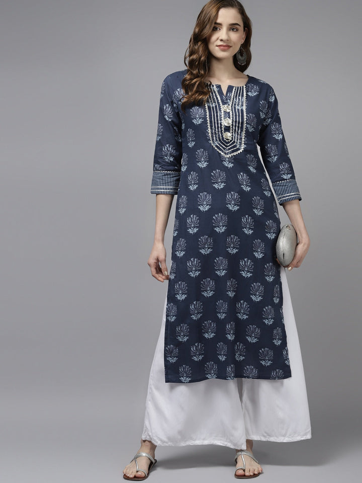 Navy Blue Floral Printed Kurta-Yufta Store-2706KURNBS