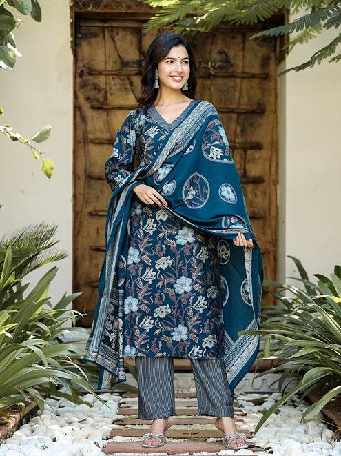 Navy Blue Floral Printed Regular Chanderi Silk Kurta with Trousers & With Dupatta-Yufta Store-1619SKDNBS