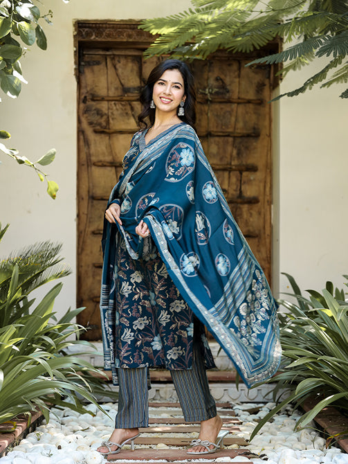 Navy Blue Floral Printed Regular Chanderi Silk Kurta with Trousers & With Dupatta-Yufta Store-1619SKDNBS