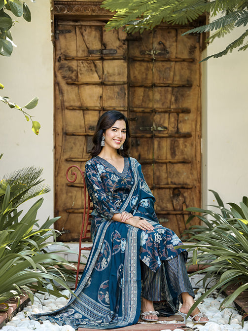 Navy Blue Floral Printed Regular Chanderi Silk Kurta with Trousers & With Dupatta-Yufta Store-1619SKDNBS