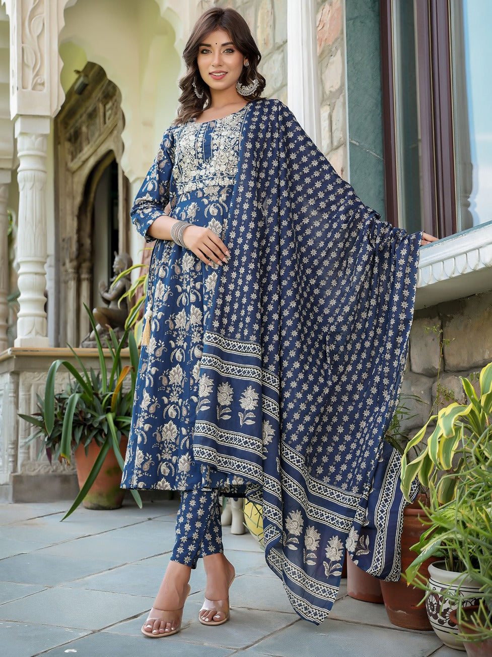 Navy Blue Floral Printed Regular Thread Work Pure Cotton Kurta with Trousers & With Dupatta-Yufta Store-1583SKDNBS