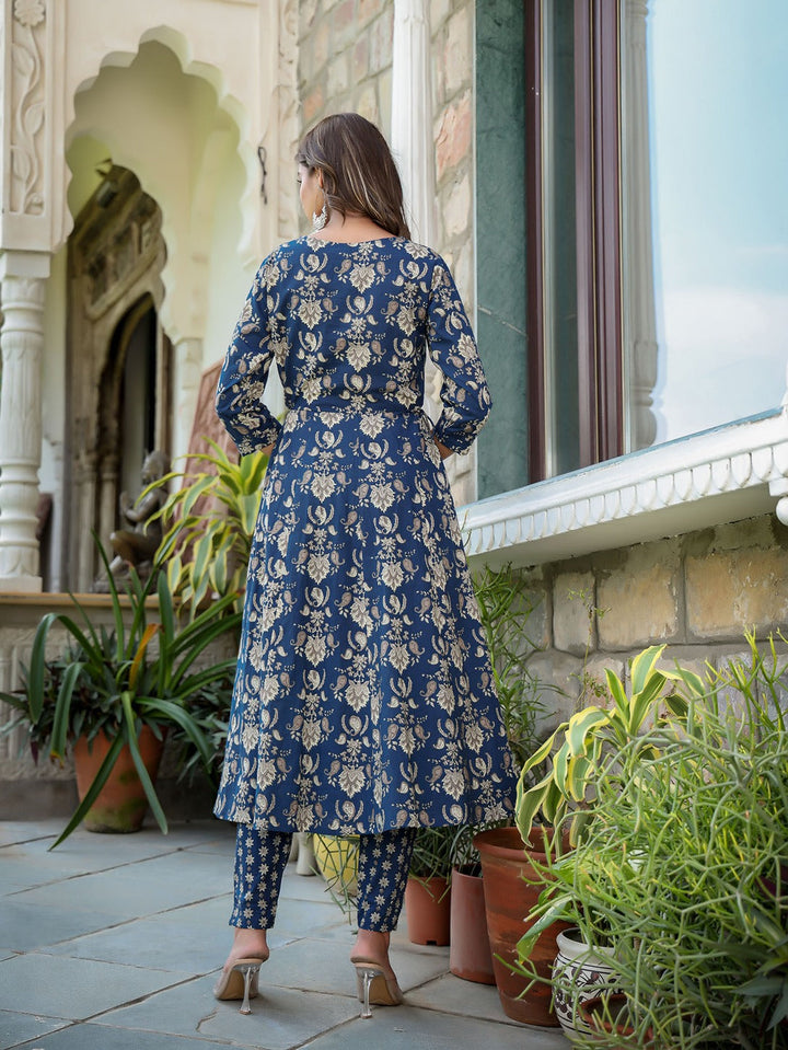 Navy Blue Floral Printed Regular Thread Work Pure Cotton Kurta with Trousers & With Dupatta-Yufta Store-1583SKDNBS