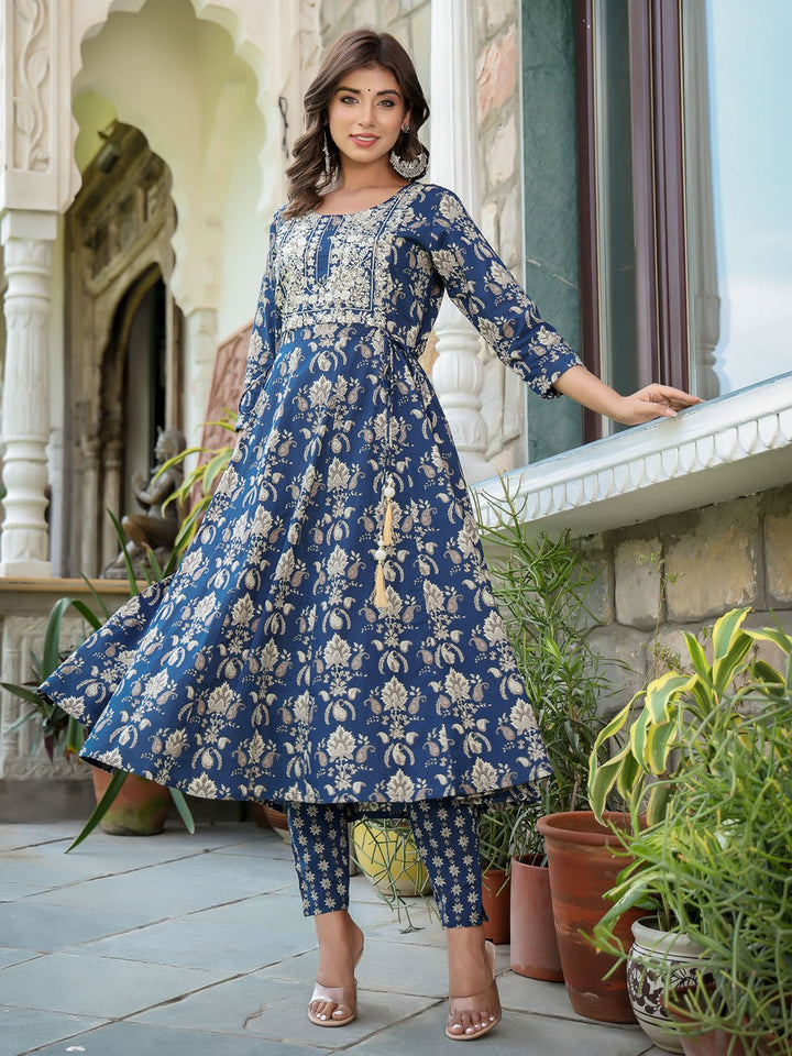 Navy Blue Floral Printed Regular Thread Work Pure Cotton Kurta with Trousers & With Dupatta-Yufta Store-1583SKDNBS