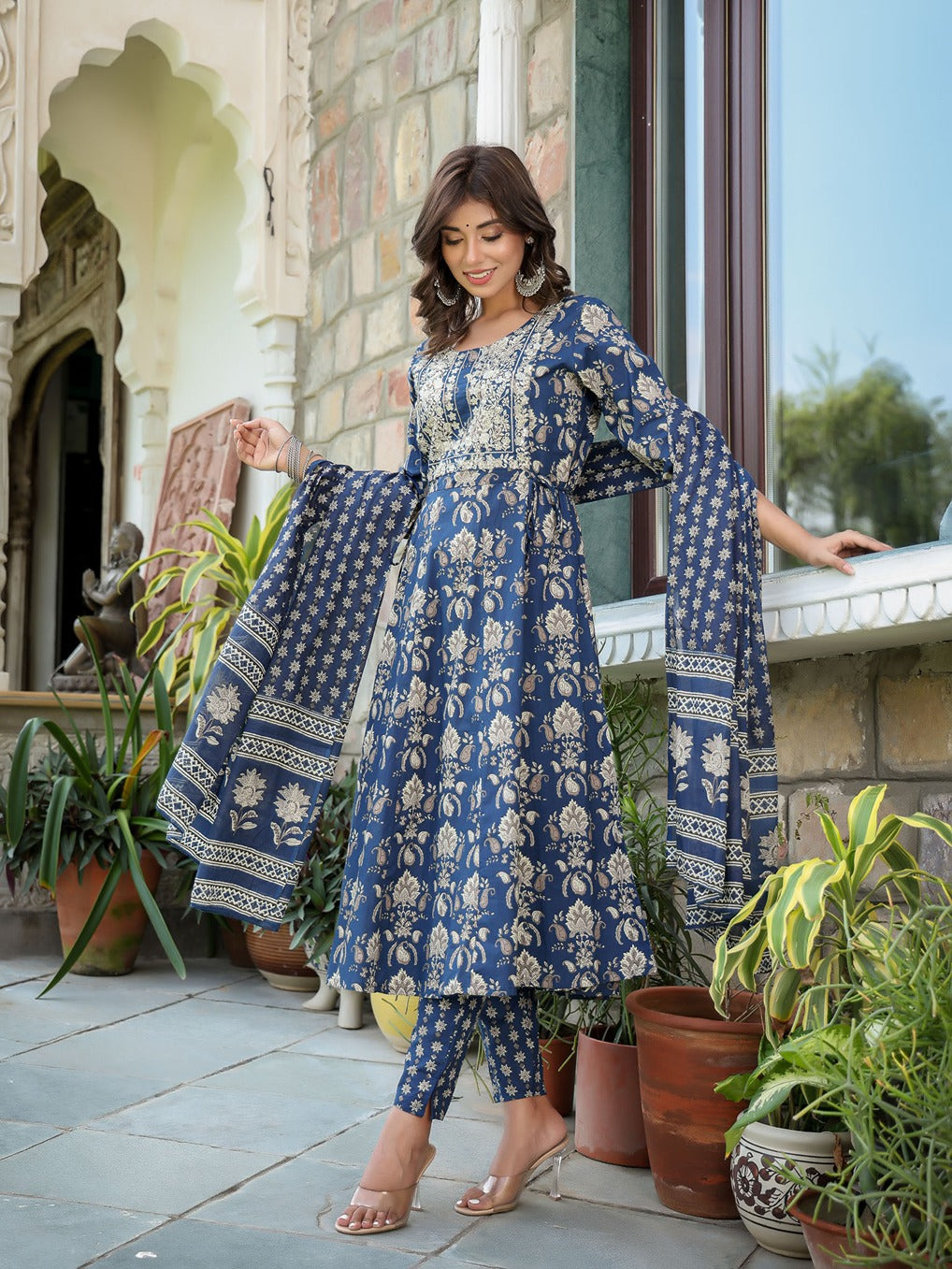 Navy Blue Floral Printed Regular Thread Work Pure Cotton Kurta with Trousers & With Dupatta-Yufta Store-1583SKDNBS