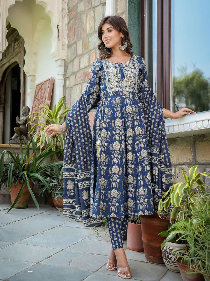 Navy Blue Floral Printed Regular Thread Work Pure Cotton Kurta with Trousers & With Dupatta-Yufta Store-1583SKDNBS