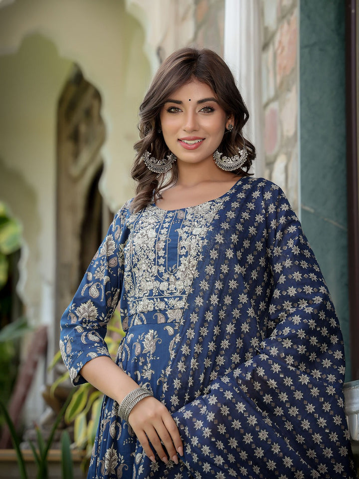 Navy Blue Floral Printed Regular Thread Work Pure Cotton Kurta with Trousers & With Dupatta-Yufta Store-1583SKDNBS