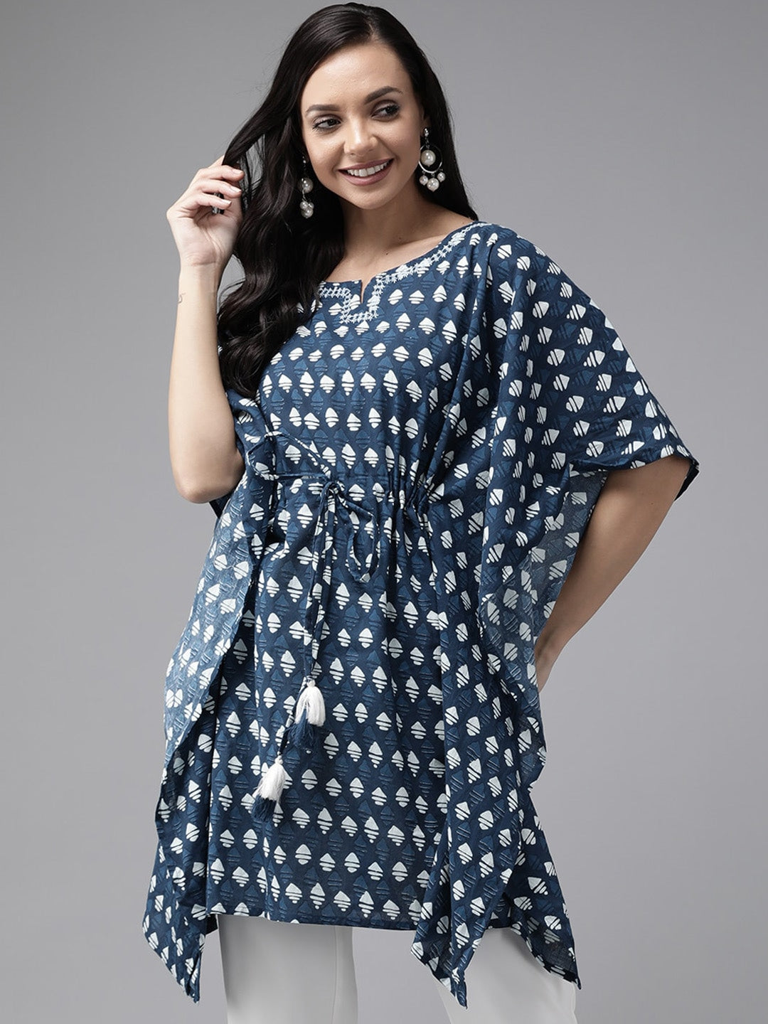 Navy Blue Geometric Printed Kaftan