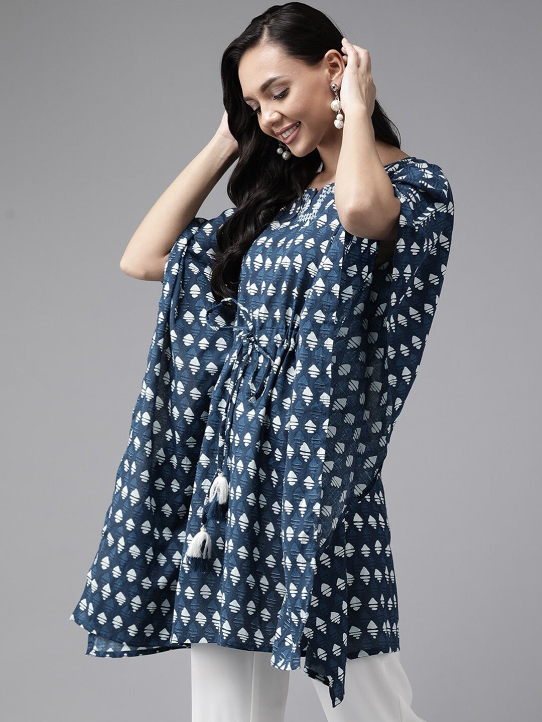 Navy Blue Geometric Printed Kaftan