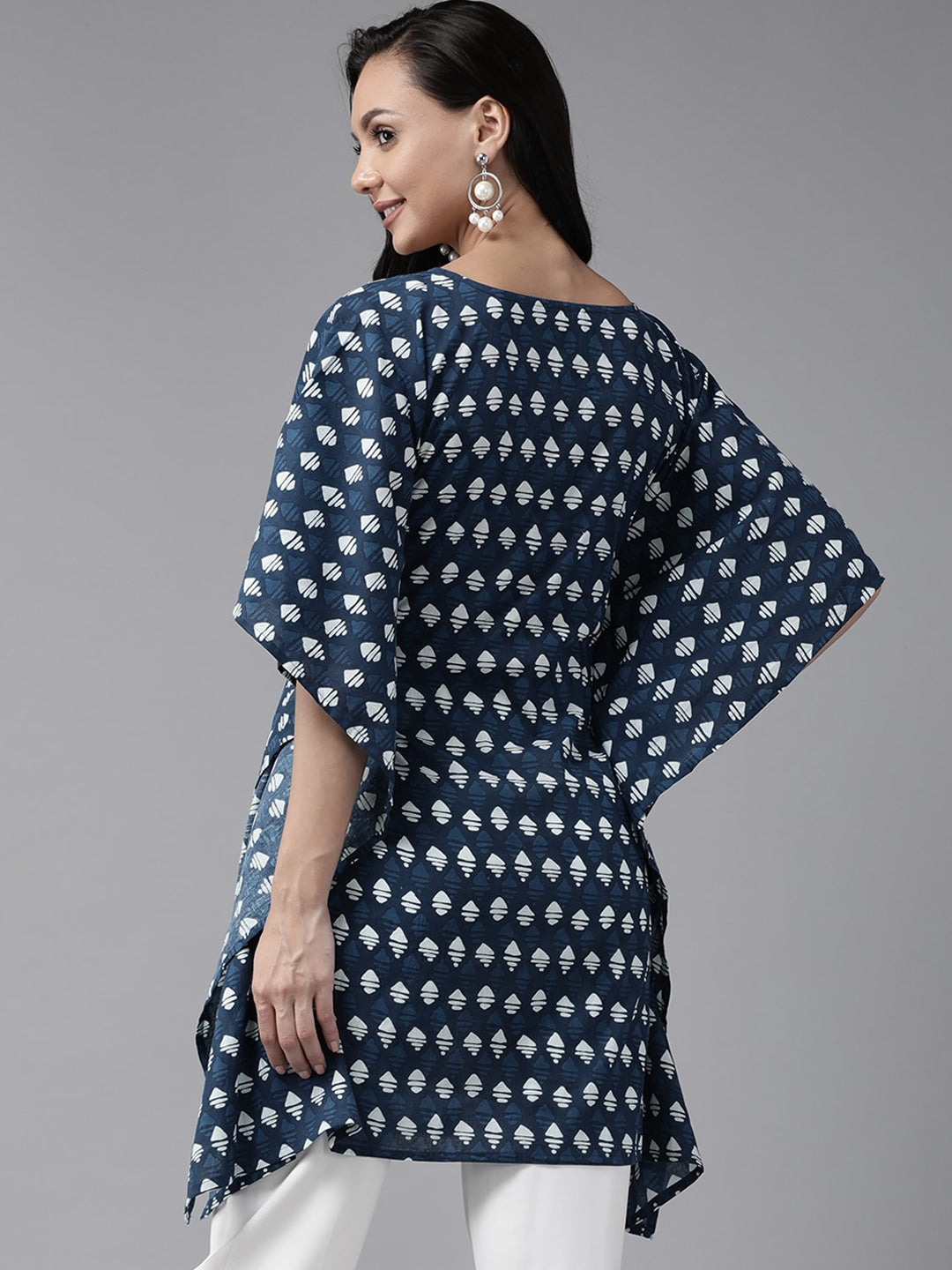 Navy Blue Geometric Printed Kaftan-Yufta Store-9287KFTNBS