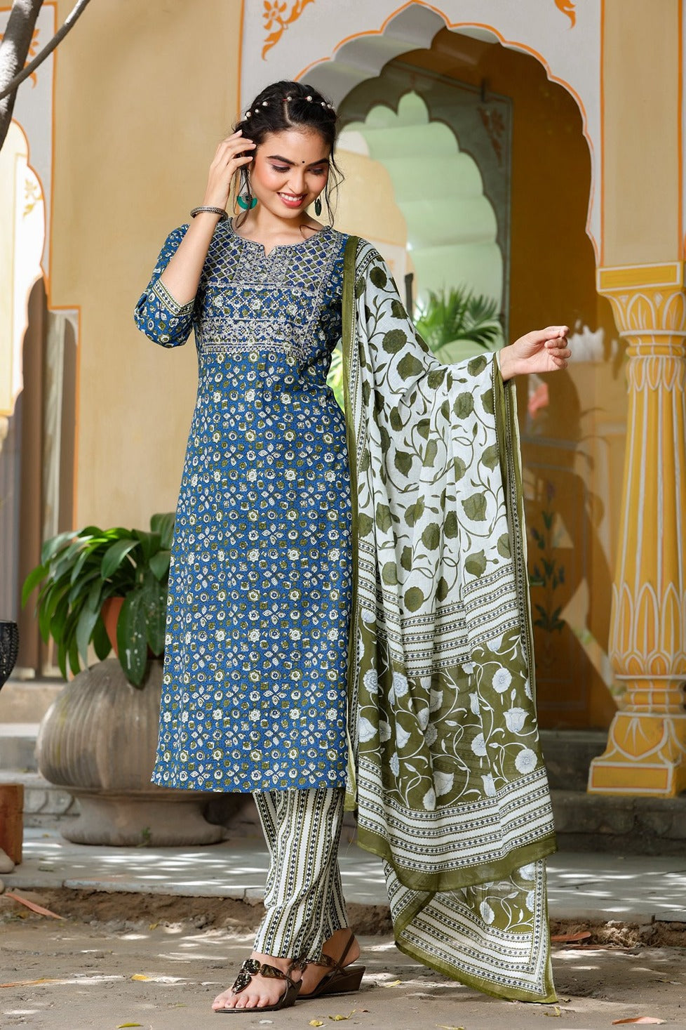 Navy Blue & Green Dupatta Set-Yufta Store-2026SKDBLM