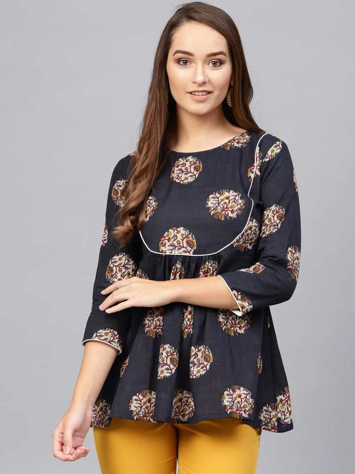 Navy Blue & Grey Printed Tunic-Yufta Store-7169TUNNBS