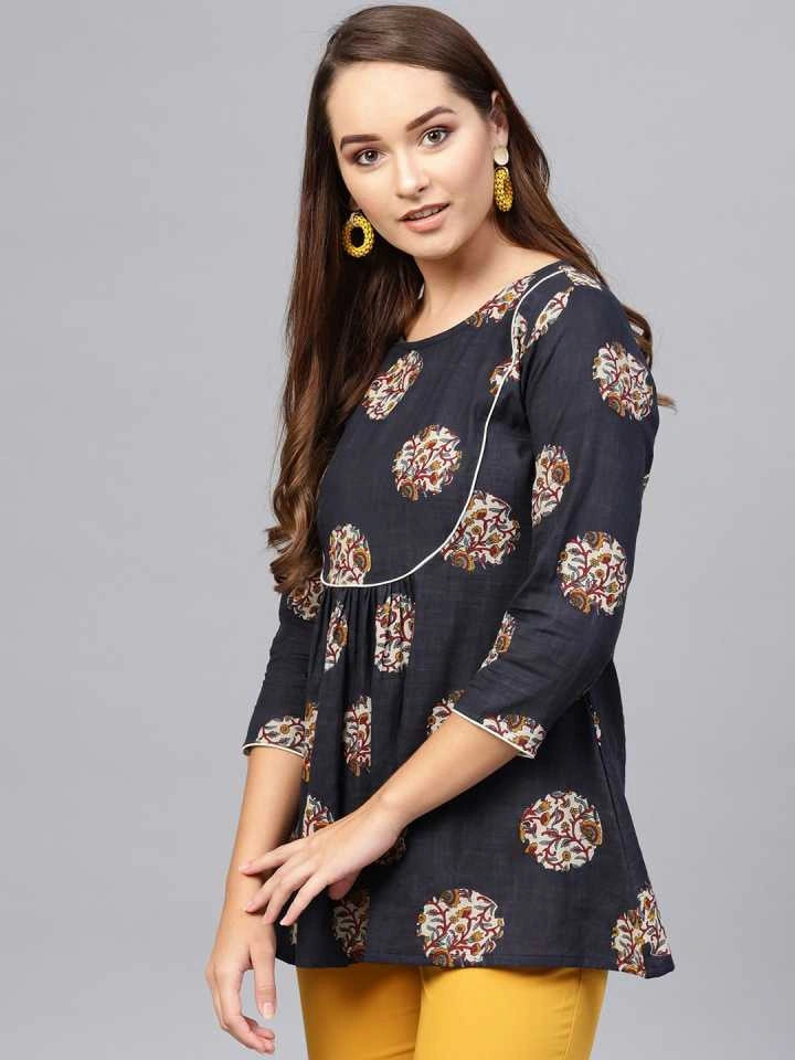 Navy Blue & Grey Printed Tunic-Yufta Store-7169TUNNBS